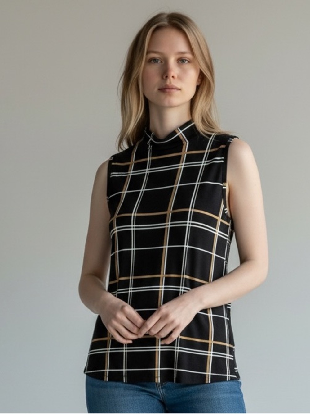 Charter Club Black Plaid Sleeveless Mock Neck Tank with Tan & White Lines